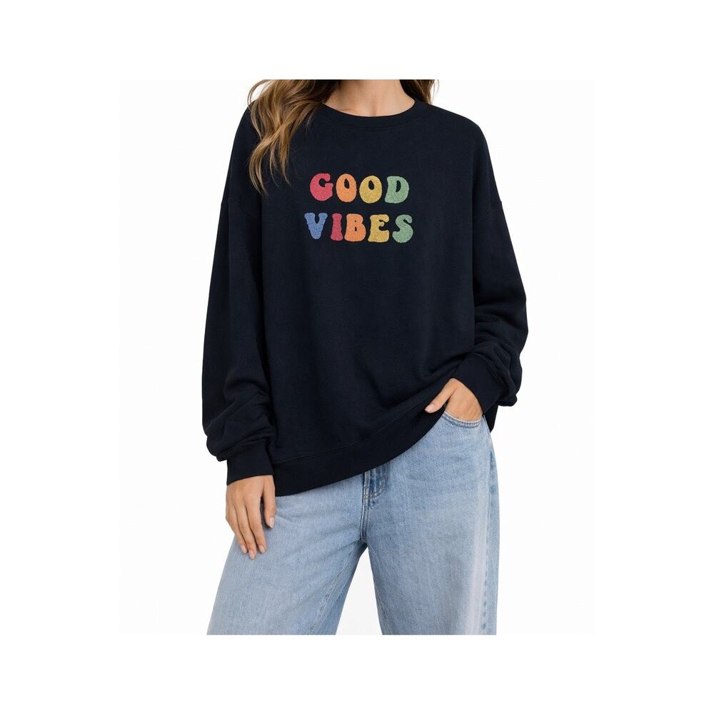 Wildfox Good Vibes Oversized Navy Blue Sweatshirt Retro Rainbow Shag Size Small